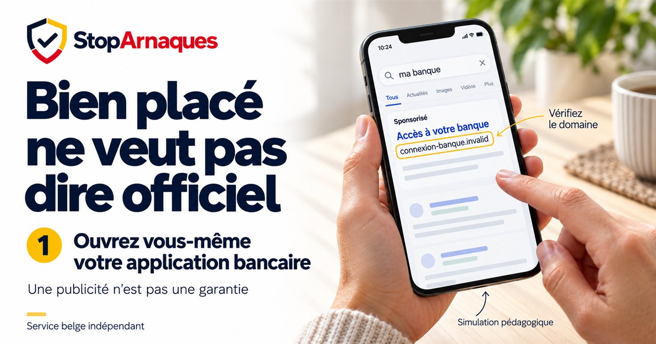 Résultat sponsorisé simulé avec un domaine fictif : une bonne position dans la recherche ne prouve pas qu'un site est officiel.