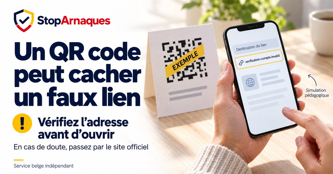 QR illustratif barré et aperçu d'une adresse fictive : vérifier la destination avant d'ouvrir un lien.